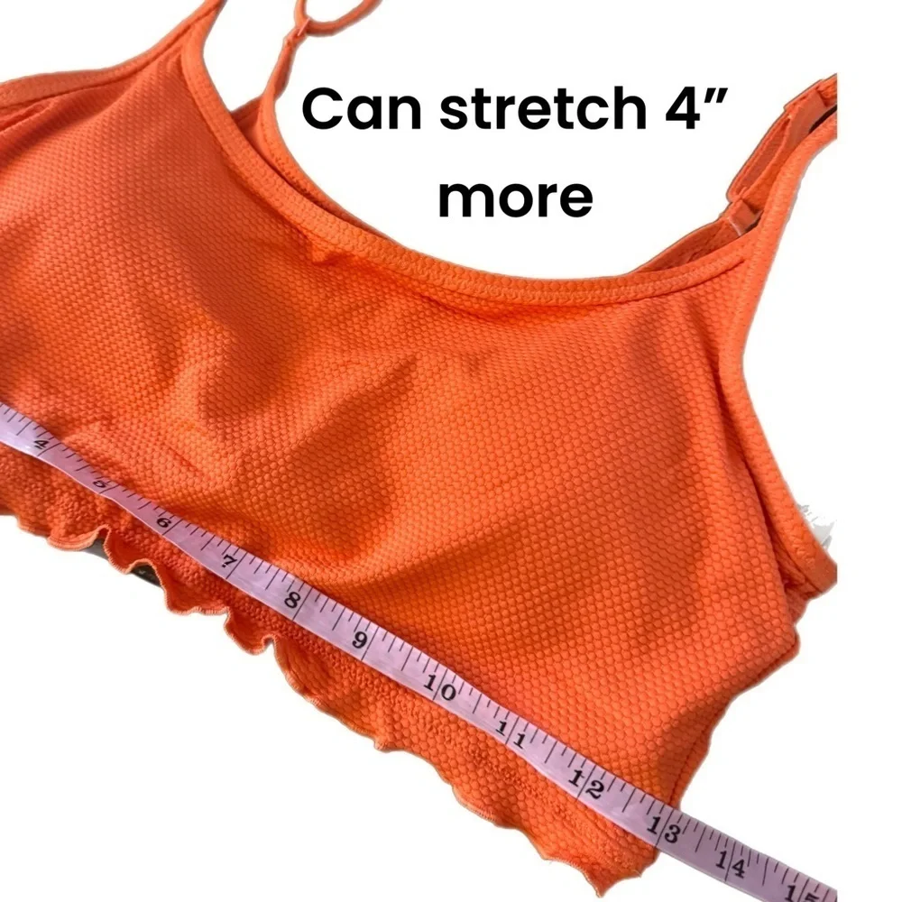 New Aerie Women’s Swimsuit Top Ribbed Lettuce Hem Size M Longline Bikini Orange